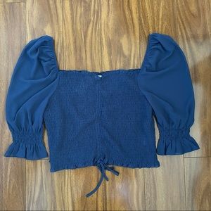 NEW Baby Blue Cropped Shirred Blouse